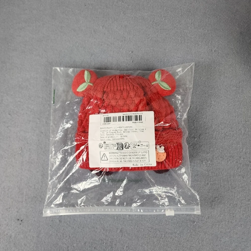 NWT Cherry Baby Beanie With Ear Steings And Pom Poms